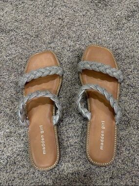 Madden Girl Silver Braided Double-Strap Slide Sandals